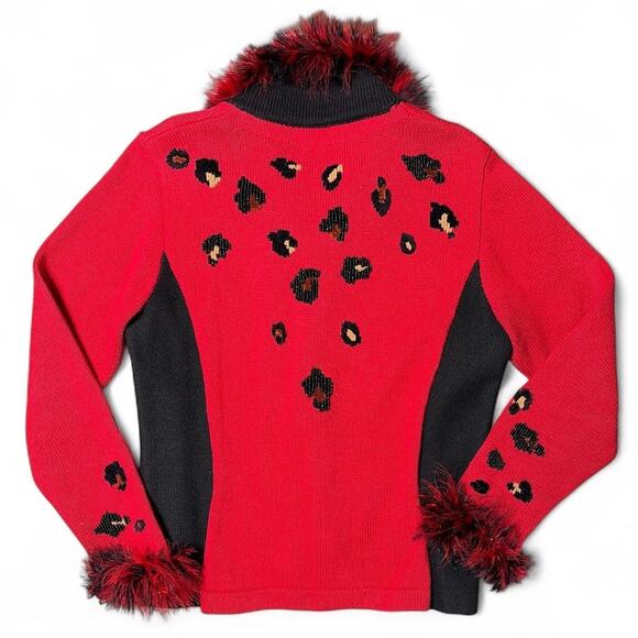 Berek Vintage Animal Print Red Cardigan Furry Accents size S - Picture 4 of 11